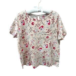 VAN HEUSEN Beige Pink Floral Linen Blend Short Sleeve Top Keyhole Back | Large